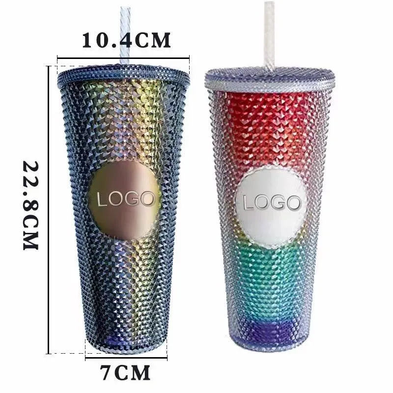 DHL 24 oz Personalized Starbucks Mugs Iridescent Bling Rainbow Studded Cold Cup Tumbler coffee Water Bottle with straw