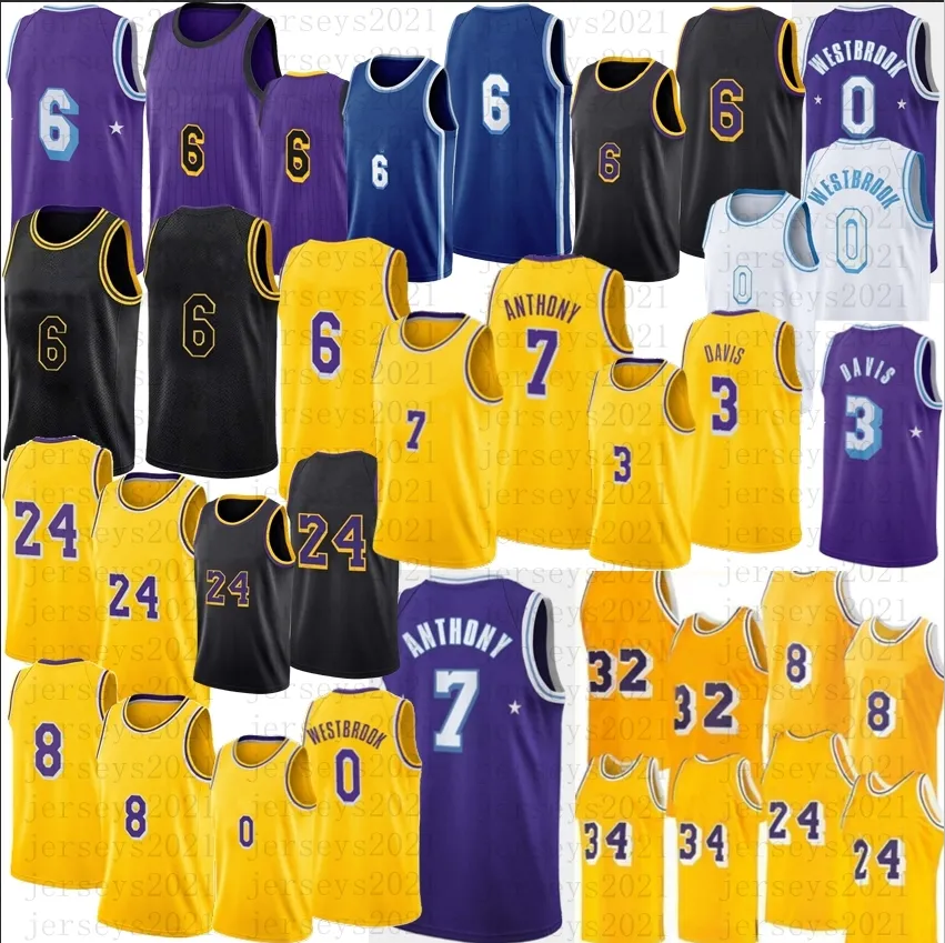 6 Jersey Russell 0 Westbrook 8 Basketball Noir Carmelo 7 Anthony 3 Davis Mamba LBJ Violet Jaune 2022 Hommes 23 Maillots LeBron