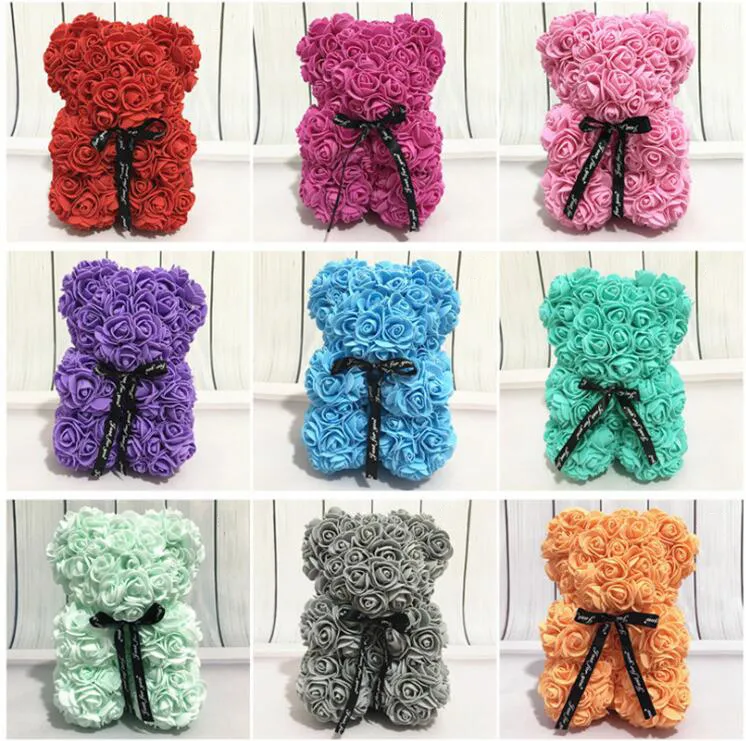 Hoge kwaliteit 18 kleur rose teddybeer figuren Valentijnsdag cadeau 25 cm bloem kunstmatige decoratie Kerstmis voor vrouwelijke kinderen speelgoed groothandel