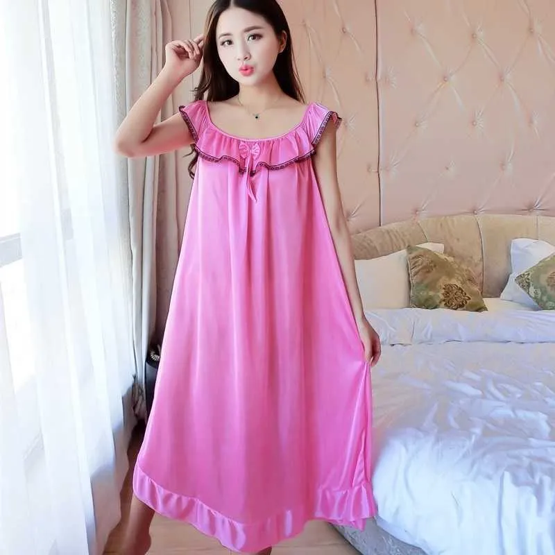 Oversize 6XL O Neck Women Satin Nightgown Sexy Sleepwear Short Sleeve Ladies Silk Nightwear Sleep Wear Night Gown Lingerie Dress 210924