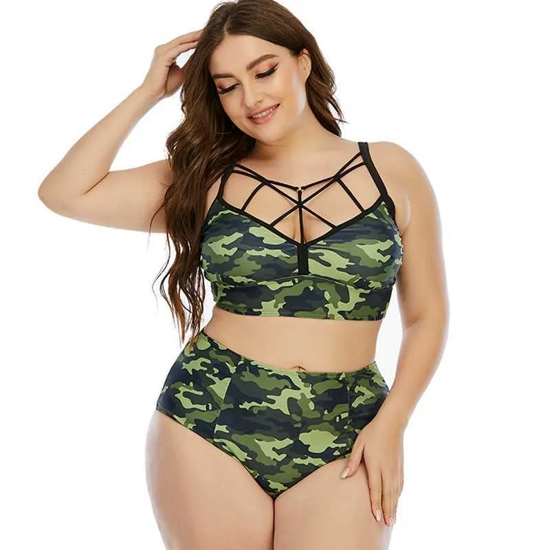 Plus Taille Taille Haute Bikini 2 Pièces Ensemble Femmes Maillot De Bain Bandage Maillots De Bain Camouflage Maillot De Bain Taille Haute Maillot De Bain 2021 Femme Y0820