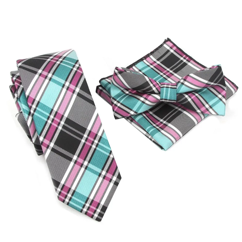 2019 Slim Tie Plaid Slipsar Set Bowtie Handkerchief Pocket Square Slips 21 Färger
