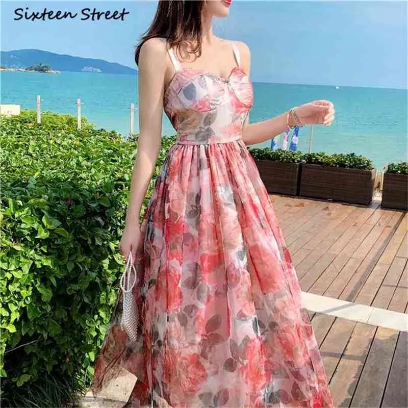 Vintage Red Mesh Dresses for Woman Summer High Waist Boho Clothing Printed Sleeveless Elegant Party Female 210603