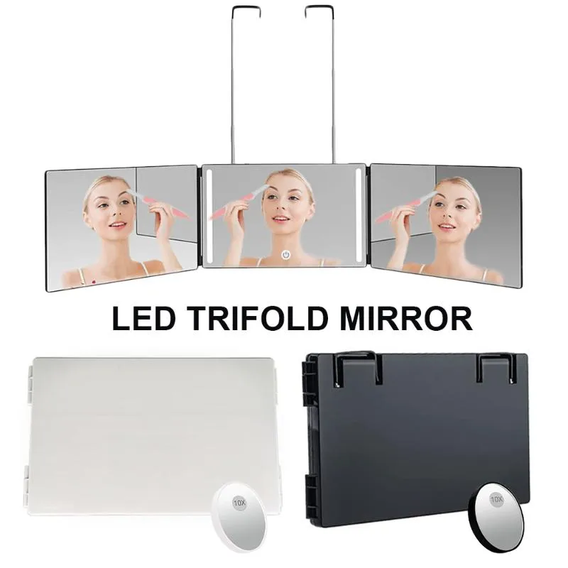 Kompaktowe lusterka 3-kierunkowe lustro przenośne potrójnie składane ze światłem LED do samodzielnego ścinania włosów 360 stopni oglądanie narzędzie do strzyżenia DIY 10x
