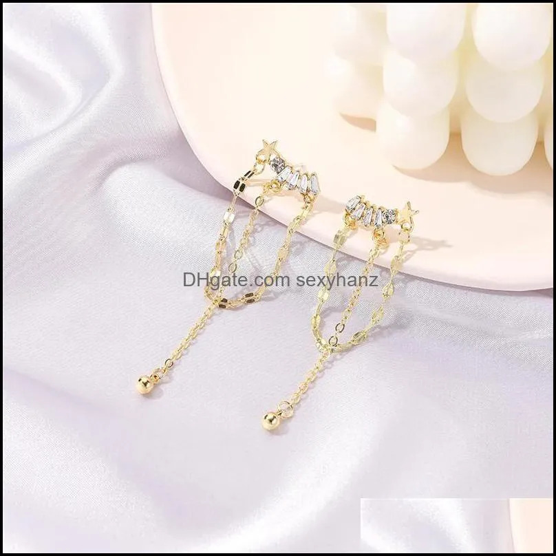 Women Five-pointed Star Dangle Earrings Diamond Tassel Chain Ear Drop European Alloy Business Wind Gold Jewelry Accessories Wholesale