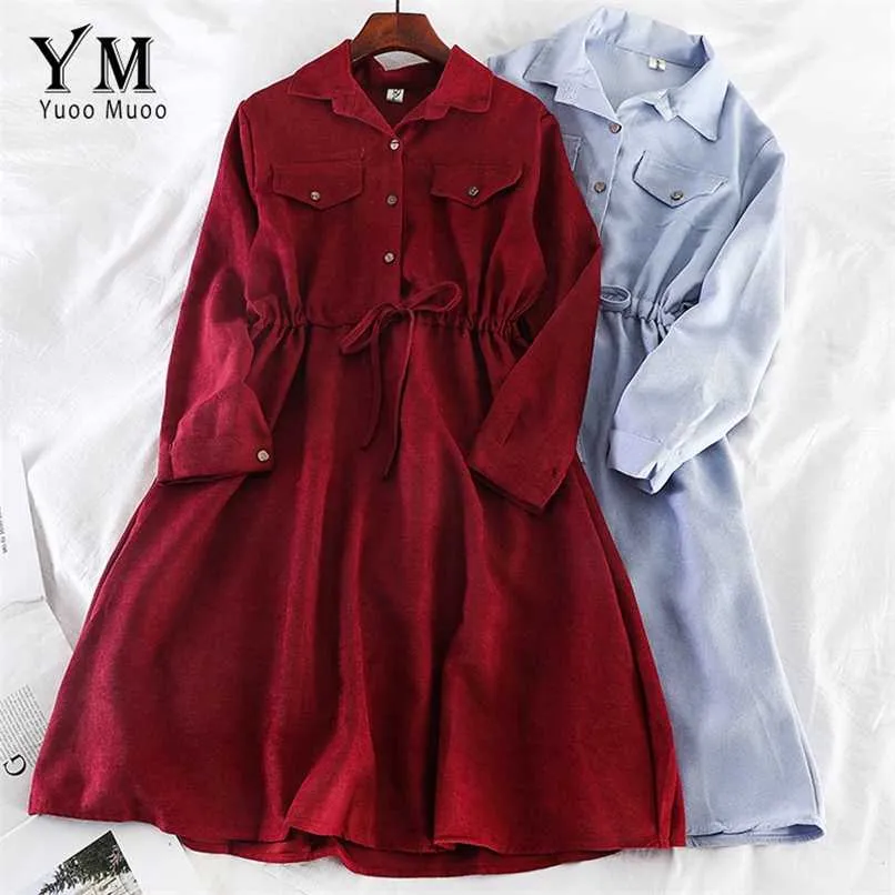 YuooMuoo Vintage Tasche Design Camicia da donna Abito Autunno Inverno Coulisse Una linea Abito longuette Abiti eleganti da ufficio per donna 211110