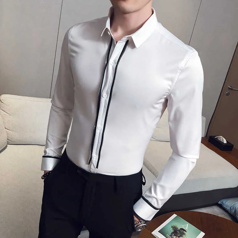 Black White Men Dress Shirts Zipper Decoration Casual Mens Shirt Slim Fit Long Sleeve Formal Streetwear Social Blouse Homme 210527