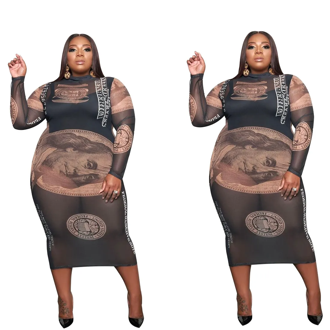 Plus Size Money Dollar Print Sexy Slim Fit Vestidos Feminino Mock Neck Manga Completa Bandage Dress Spring Mesh See Through Vestidos