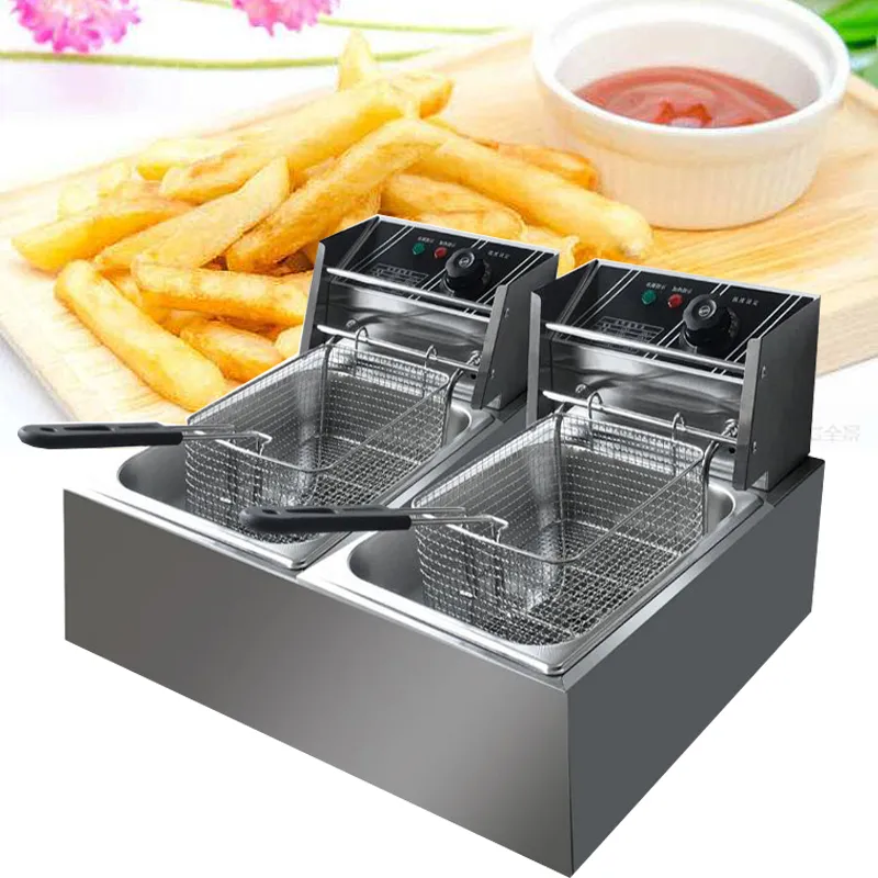 2021Commercial Electric Deep Fryer Double Tank Stainless Steel Oil Fat Chip Fryer Oven French Fries Frying Machine2500w