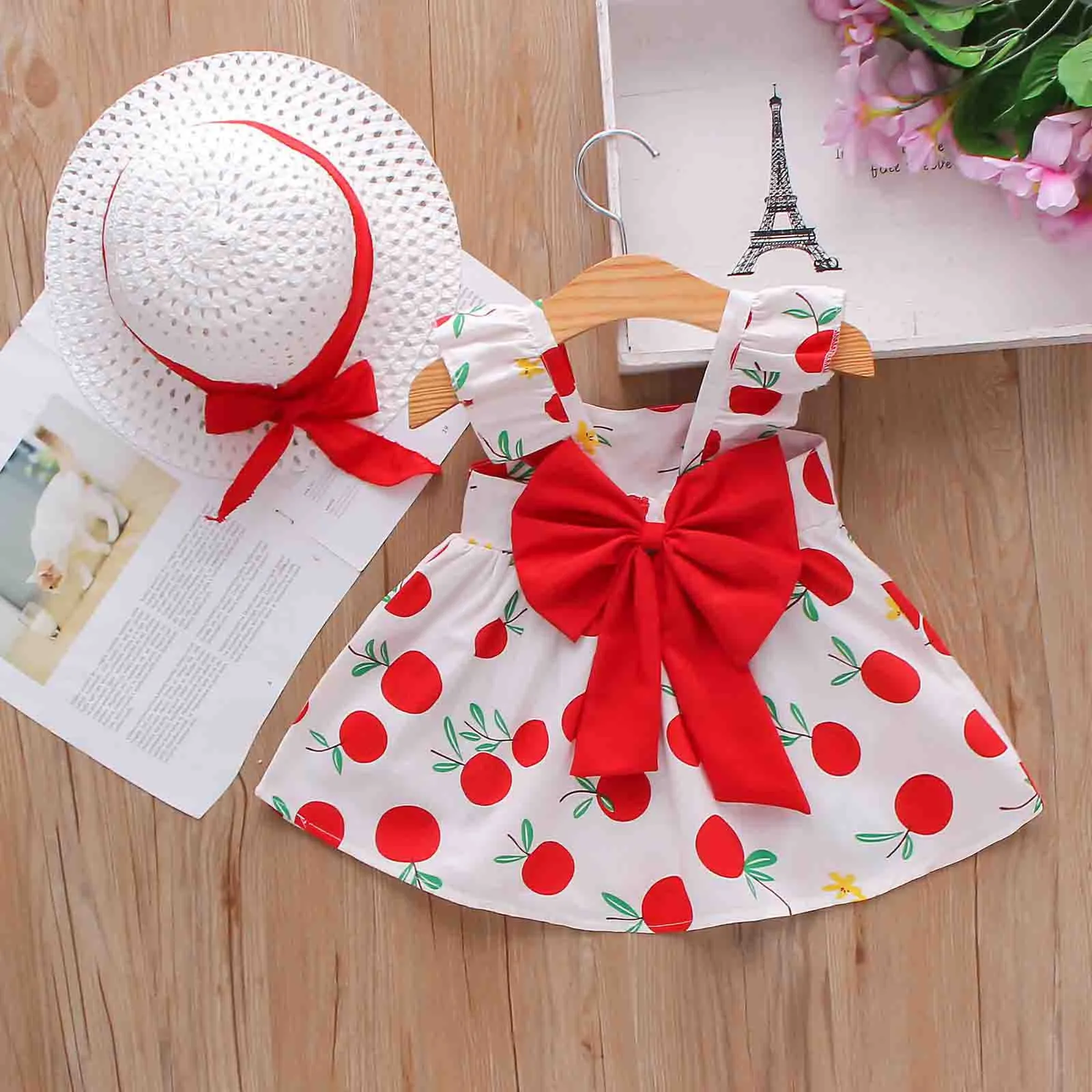 Bowknot Summer Dress Set Cute Toddler Baby Kids Girls Suspenders Lemon Print Princess Dress Hat Outfits Baby Girl Dress#50 Q0716