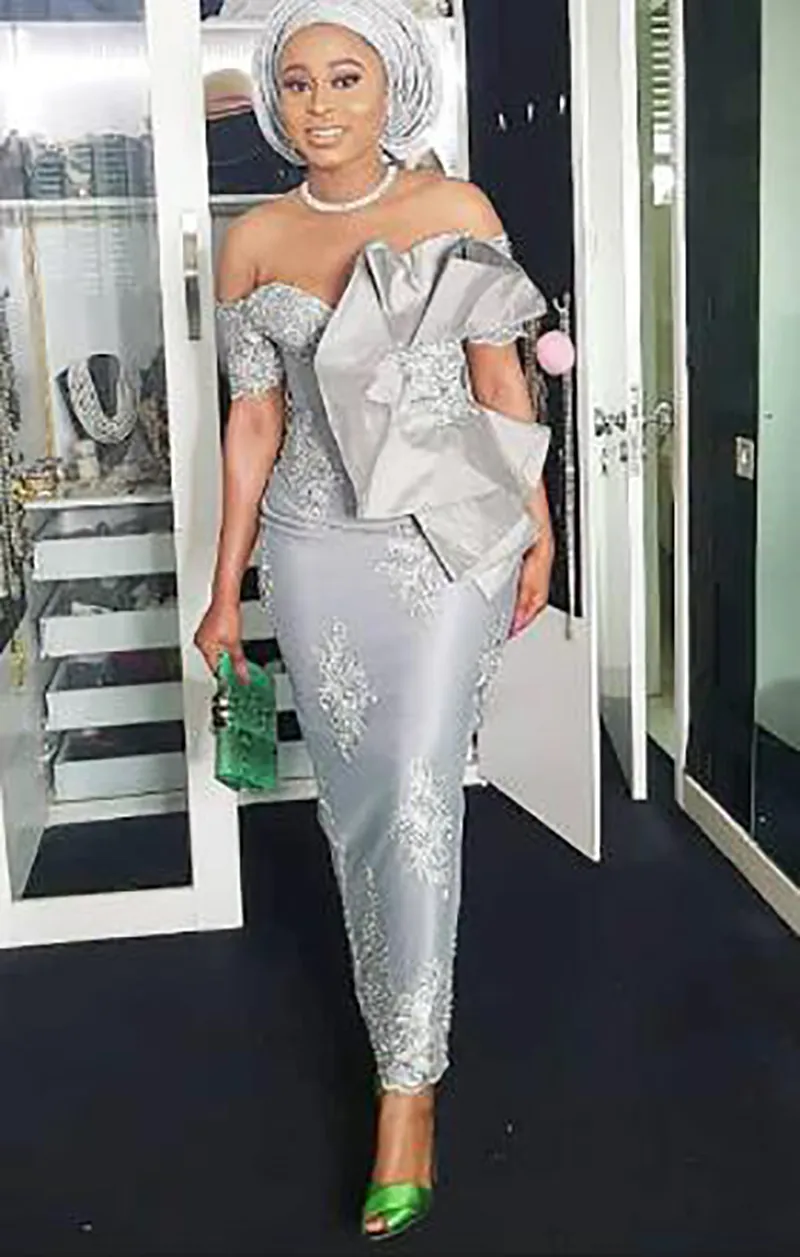 Aso Ebi Long Silver Sheath Prom Dresses Side Split 2021 Off Shoulder Ankle Length Formal Evening Gowns African Women Special Occasion Party Dres