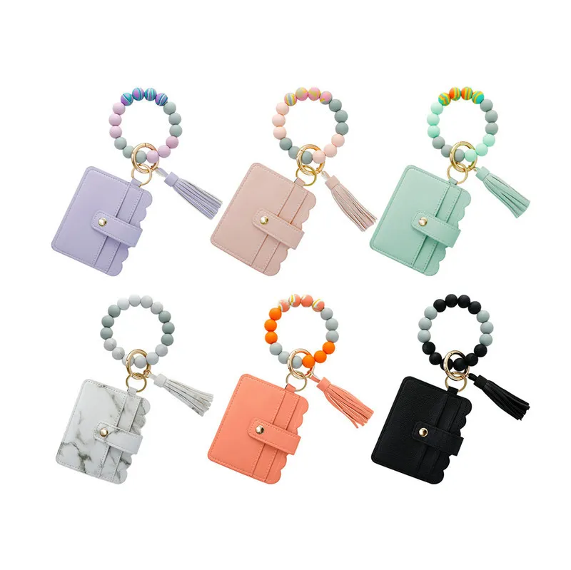 Multicolor Paspoort Houder Gunst Siliconen Kralen Armband Lederen Tassel Sleutelhanger Elastische Bead Bangle Marbling Card Case Portemonnee