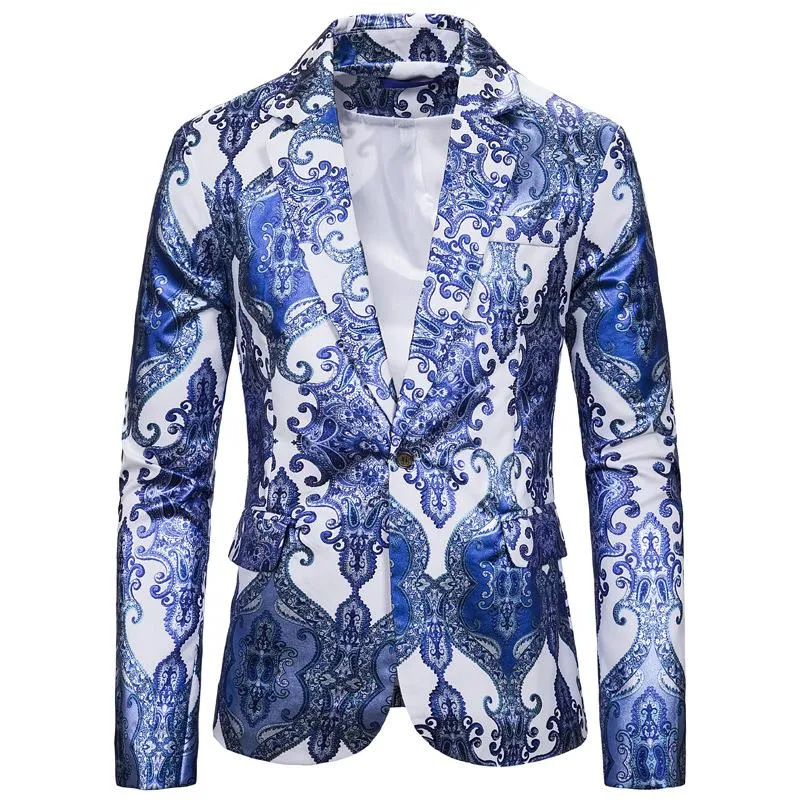 Blanc bleu Paisley imprimer hommes Blazer 2021 automne nouveau coupe ajustée un bouton hommes Blazer veste fête mariage marié bal Homme