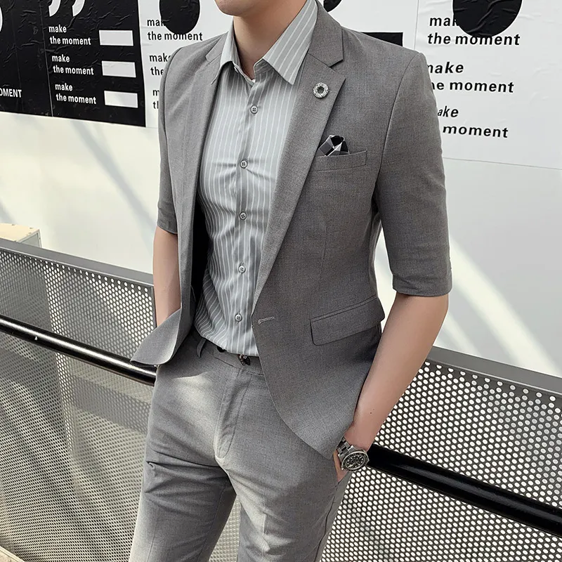작은 양복을 가진 상단 팬츠 그물 레드 스타 남성 한국 슬림 슬리브 조수 안마사 바지 자수 드레스 슈트 208m