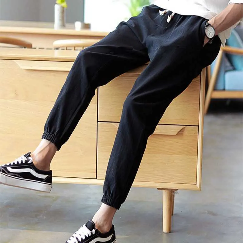 Cotton Linen Joggers Black Men's Harem Pants Harajuku Fitness Lace Up Spring Mens Trousers 2020 Summer Streetwear Clothes Male X0723