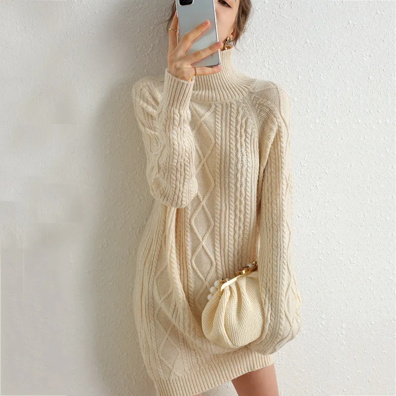 Long Sweater Dress Women Turtleneck Autumn Thick Pullover knitted Winter Jumper Cashmere Merino Wool Oversized Sweater 210218