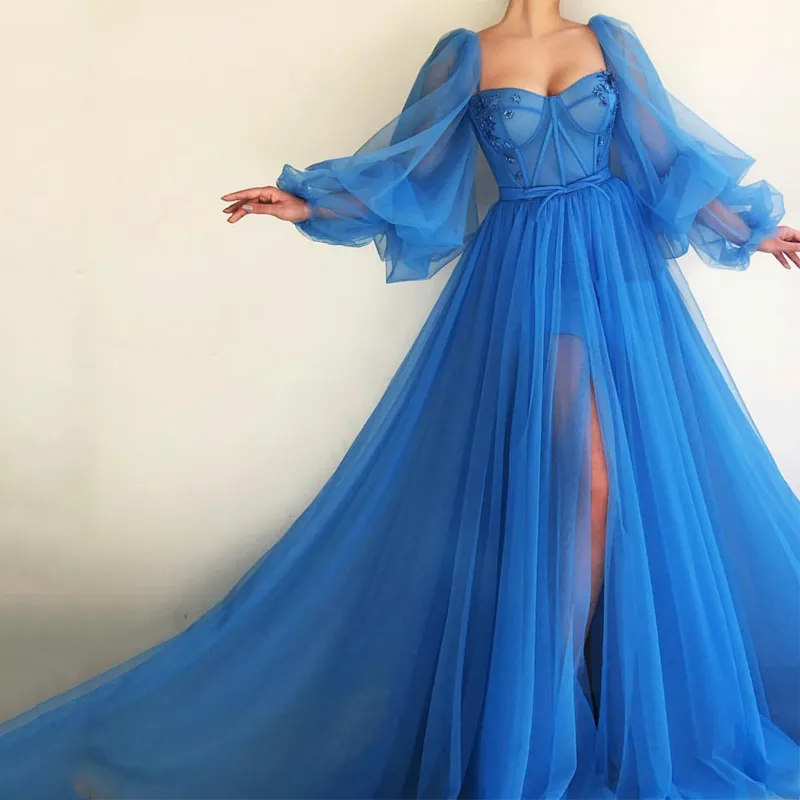 Длинные рукава выпускных платьев милая аппликация ленты синий открытый ногой разделить тюль A-line формальные вечерние платья Vestido formatura