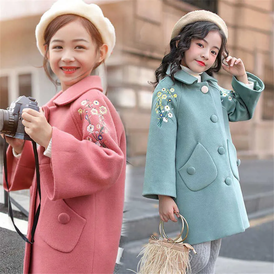 Autumn Children's Clothing Coat Girls Winter Woollen Jackets Kids Warm Outerwear Fashion Toddler Baby Girls Embroidery Jackets H0909