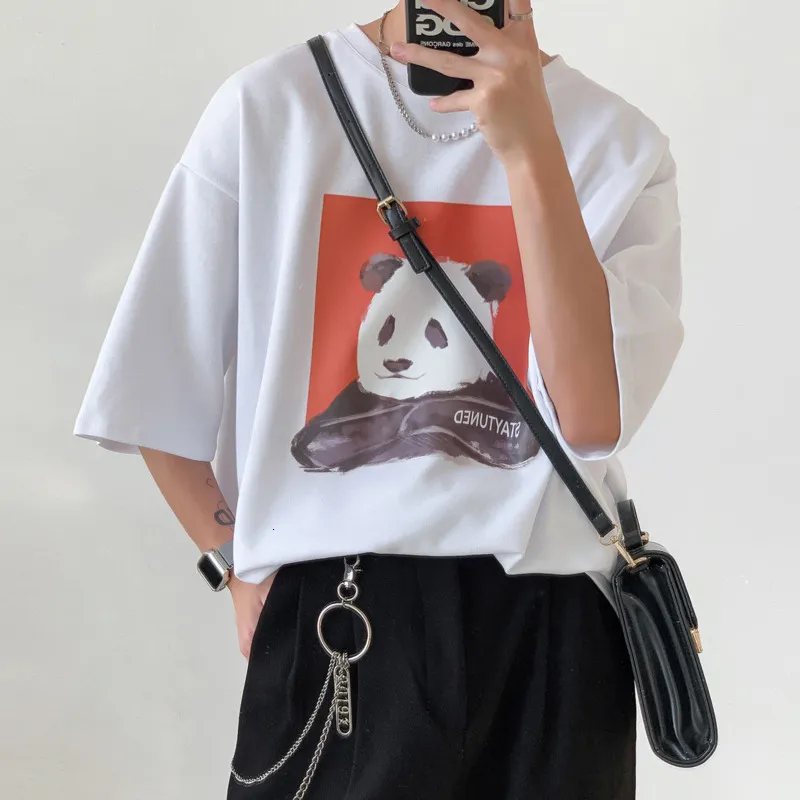 Men T-shirt Short Sleeve Baggy Hip Hop Male O-neck Harajuku Fashion Stay Tuned Cute Panda Graphic