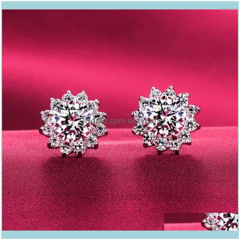 Cute Flower 2ct Lab Diamond Stud Earring Real 925 Sterling Silver Engagement Wedding Earrings for Women Charm Party Jewelry