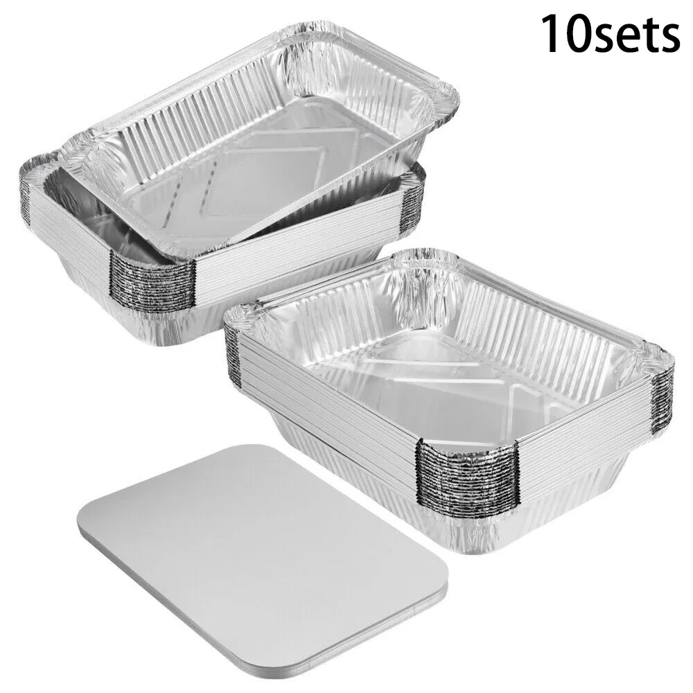 10 Set aluminium folie doos trays schimmel roosteren bakplaat + deksel wegwerp bbq-dozen 22.4 * 17.5 * 4cm 930 ml druip pannen