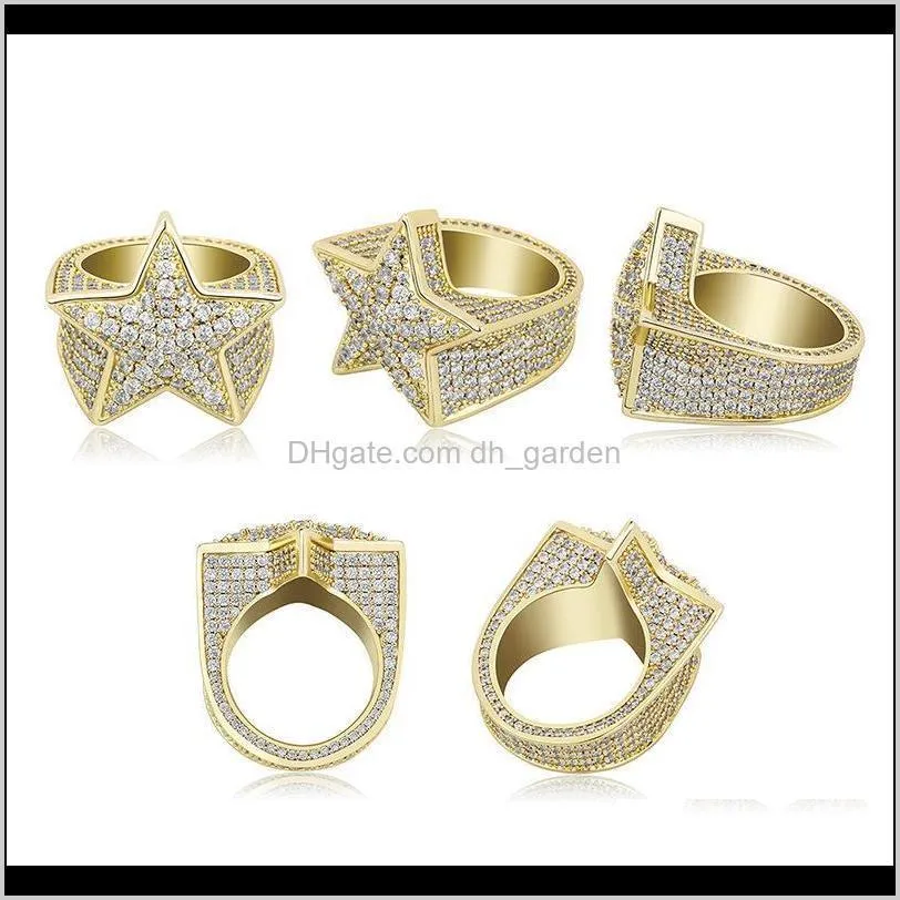 Mens Rings Fashion Exquisite 18K Gold Rhodium Plated Five-point Star Hip Hop Rings Luxury Bling Zircon Cluster Rings