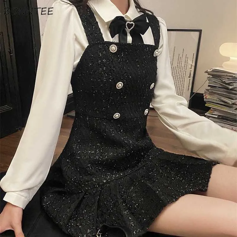 Ärmlös klänningar Kvinnor Pläterad Mode Ny Knapp Fritid Slim Mini All-Match Elegant Studenter Feminin Mysig Vestidos Ulzzang Y1006