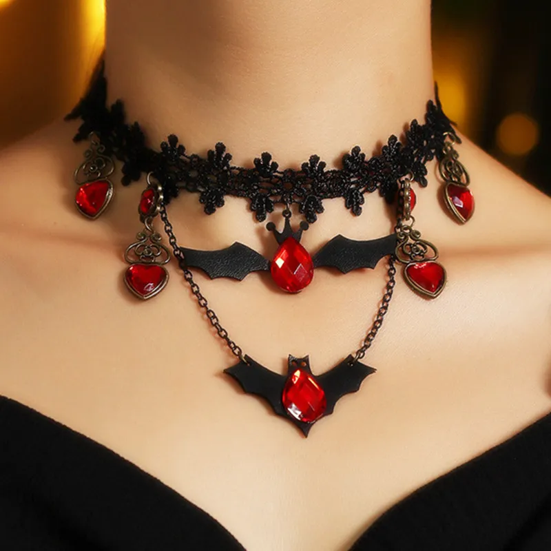 HALLOWEEN PARTY старинные черные кружева паук кулон ожерелья красное сердце хрусталь Cosplay Chokers европа короткие ожерелье ювелирные изделия для женщин подарок