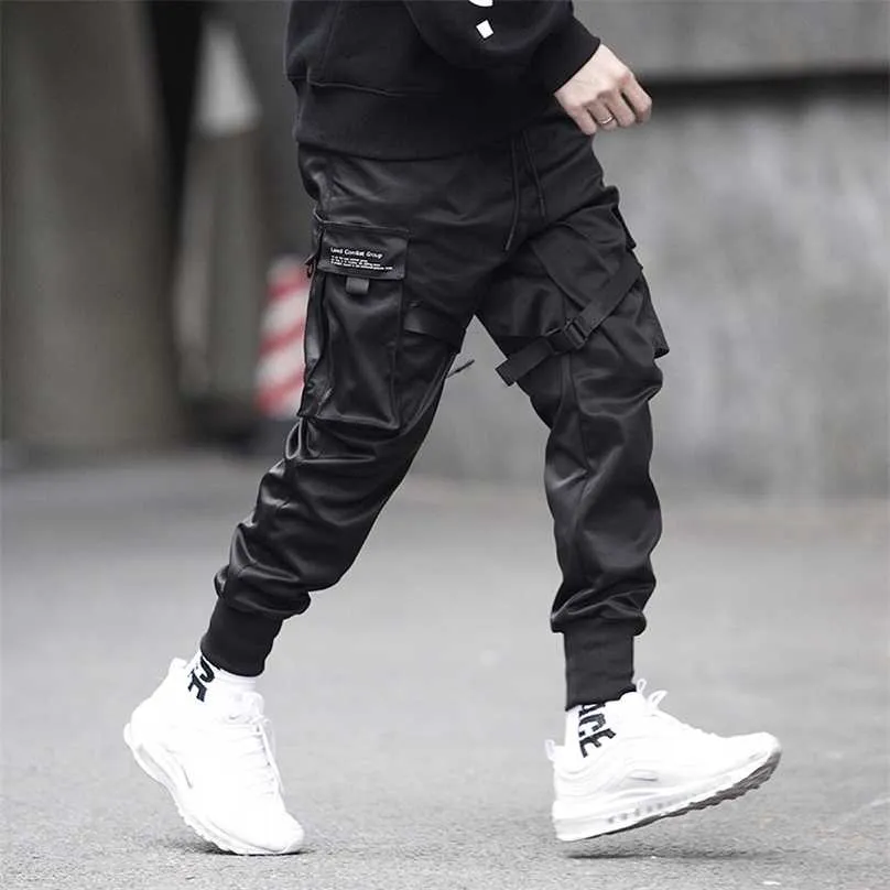 Prowow Men Ribbons Streetwear Cargo Pants Autumn Hip Hop Joggers Pants Overalls Black Fashions Baggy Pockets Trousers 211008