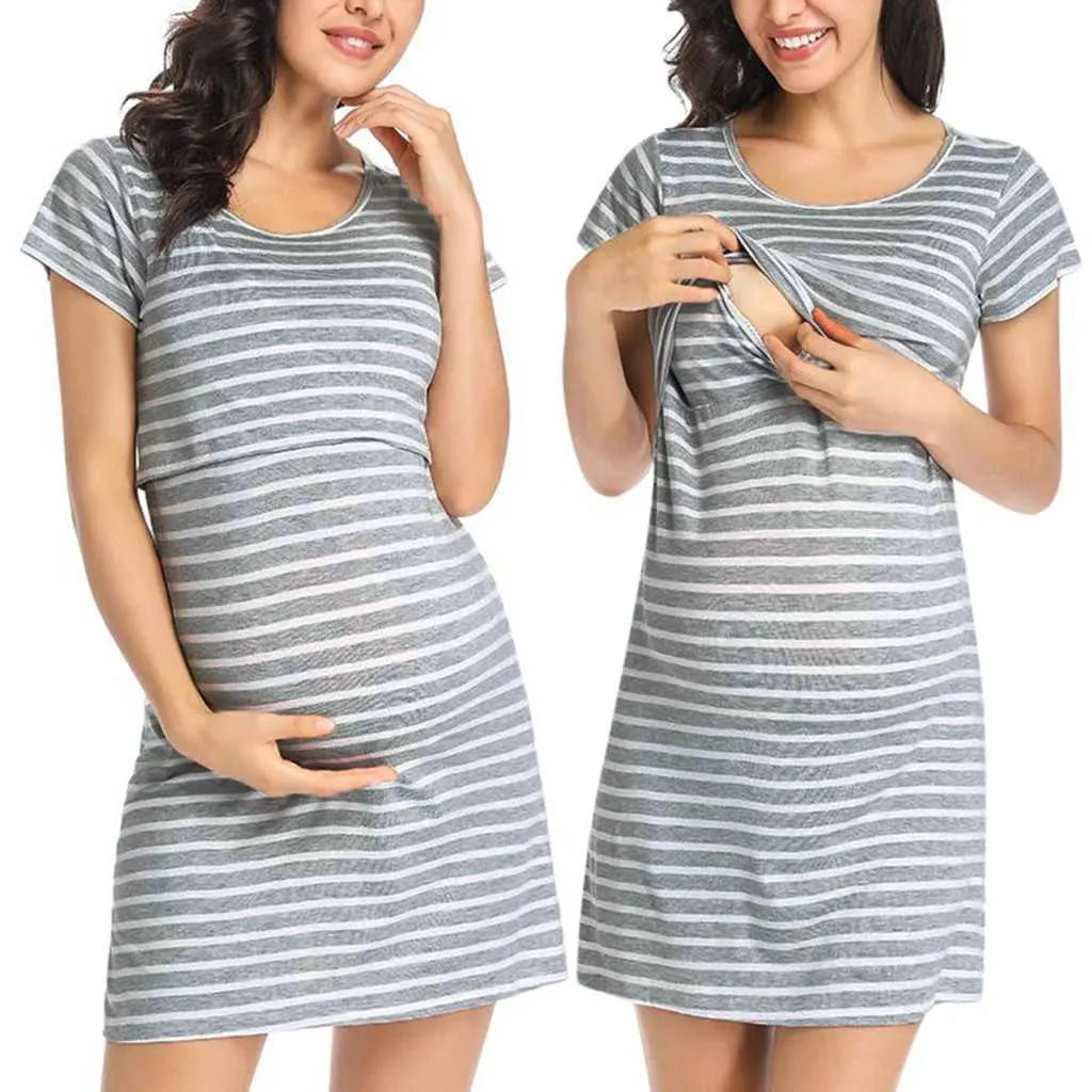 Maternity Nightwear Women Maternity Short Sleeve Stripe Nursing Baby NightDress Amning Breasting Dress Maternity Pajama 2020 Ny Q0713