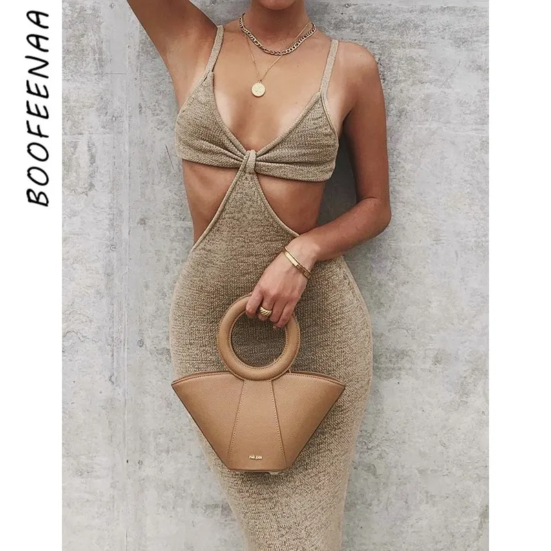 BOOFEENAA Vacation Knitted Maxi Dresses for Women Summer 2021 Elegant Sexy Party Cut Out Backless Bodycon Dress C69-BH27 210316