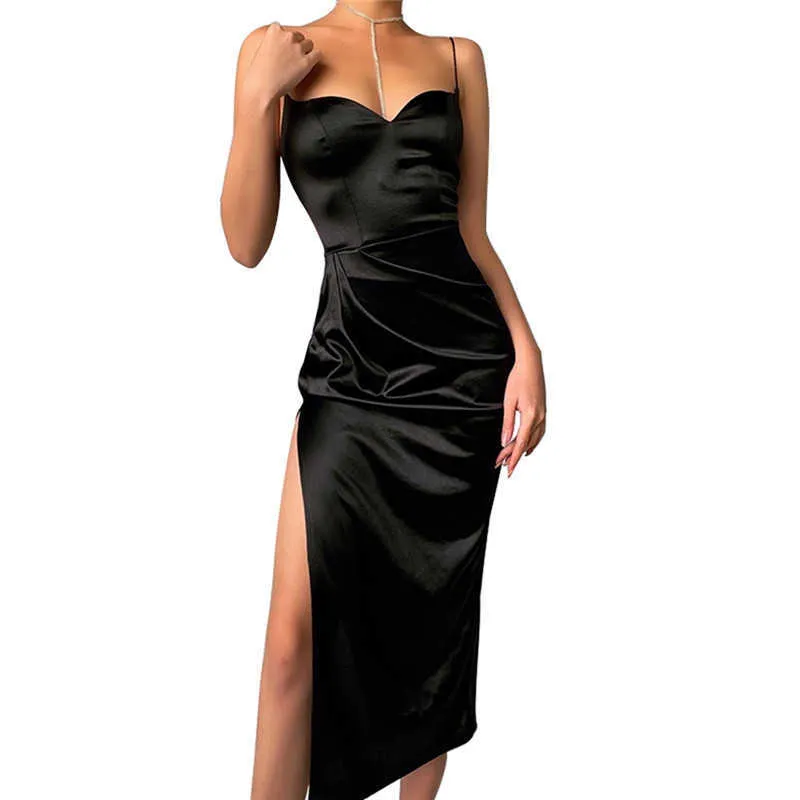 Solid Color Pleated Low Cut Maxi Dress Long Party Night Club Bar Formal Dress Women Sexy Sleeveless Spaghetti Strap Split Dress Y1006