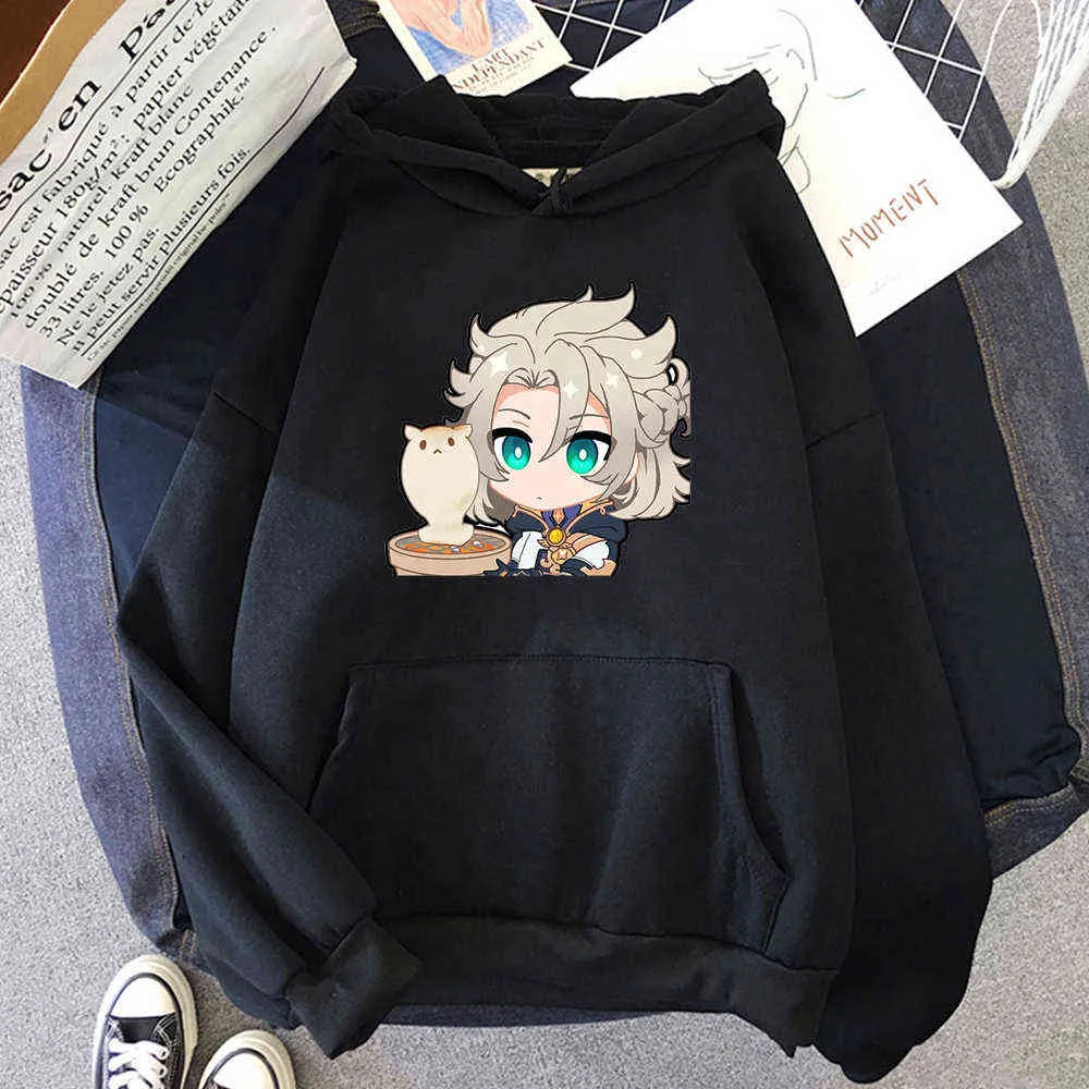 Kawaii albedo genshin påverkan anime hoodies rolig tecknad spel karaktär grafisk vinter långärmad casual hip hop sweatshirt män y0901