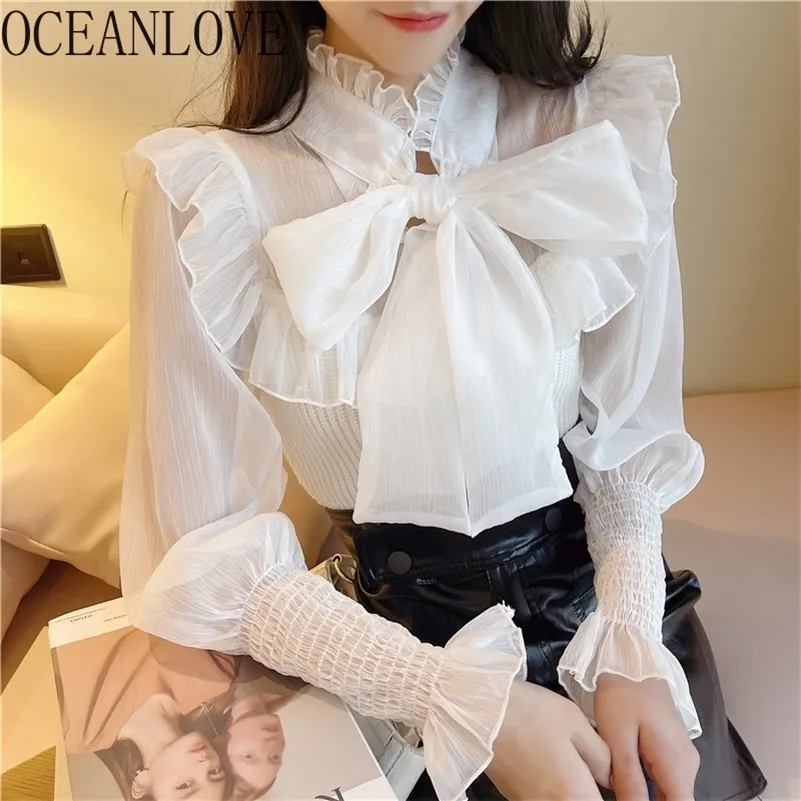 Oceanlove Chiffon Blouse Women Tops Сплошные кружевные лук Весенние Рубашки Элегантные Корейский Офис Дамы Рубцы Blusas Mujer 19714 210225