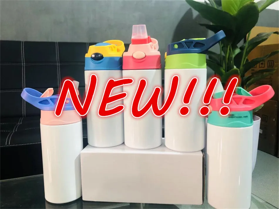 12OZ Sublimation Blanks Kids Tumbler Baby Bottle Sippy Cups White Water Bottle with Straw and Portable Lid 5 Color Lids Children Cups