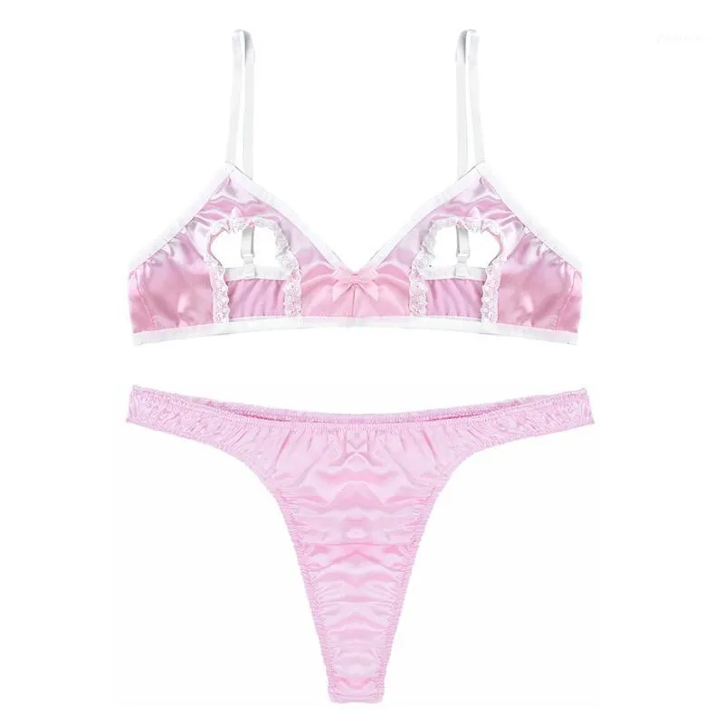 Mens Satin Open Cups Pink Bra Panty With Thongs Wire Free, Bare Nipples