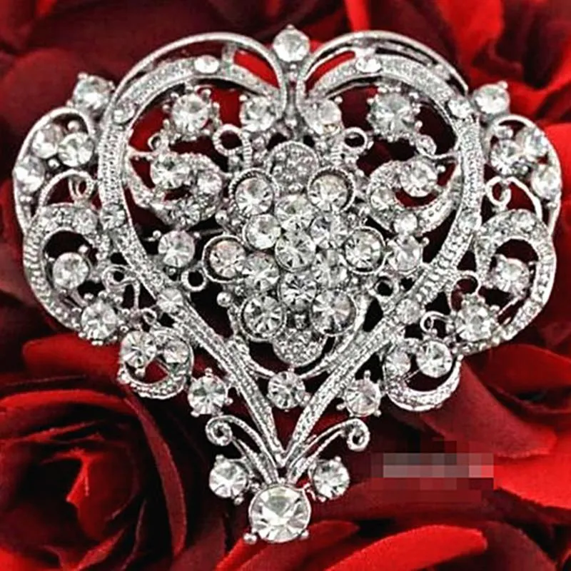 Pins, Brooches DHL Fedex Wholesale Vintage Silver Color Clear Crystals Rhinestone Big Heart Flower Women Brooch For Wedding Party