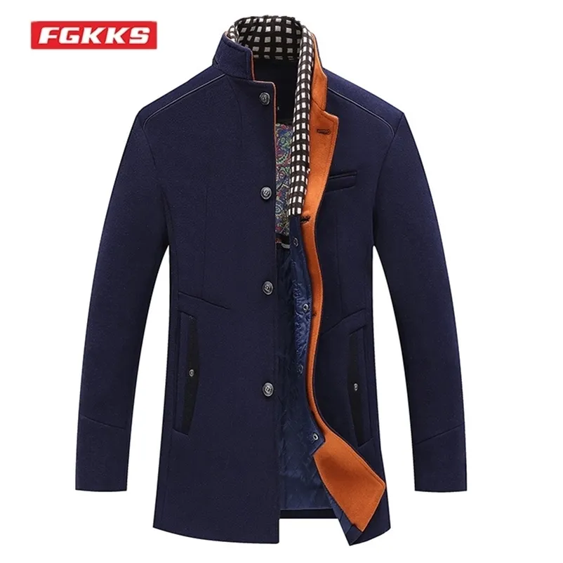 Fgkks inverno homens casaco de lã pesado moda removível cachecol colar de algodão de algodão espesso casaco de lã marca quente trench casaco homens 211122