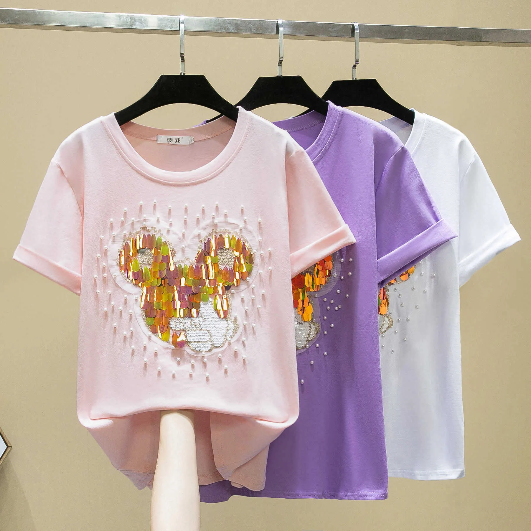 Femmes drôle Art perles T-Shirt Harajuku t-shirts femme T-shirt été t-shirts décontracté haut pour femme blanc violet Rose noir 210604