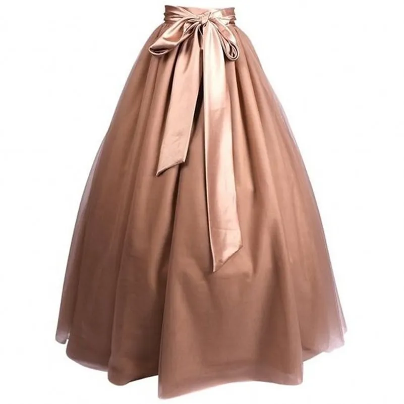 Modestas Full Tulle Saias Mulheres Ribbon Waistline Uma linha Chão Comprimento Long Maxi Saia Simples Elegante Adultos Skirt 210310