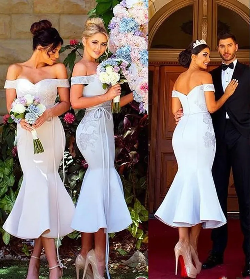 Modest Tea Length Mermaid Bridesmaids Dresses 2021 Off Shoulder Open Back High Appliques Short Country Maid Of Honor Party Prom Gowns Cheap