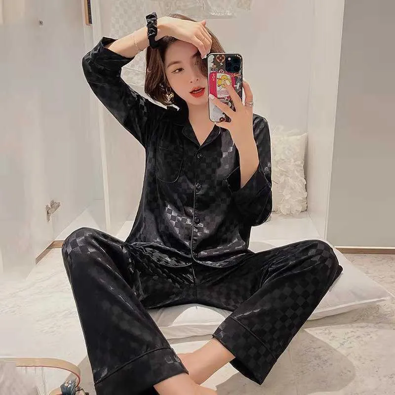 JULYS SONG Stain Silk Pajama Set For Women Jacquard Long Sleeves