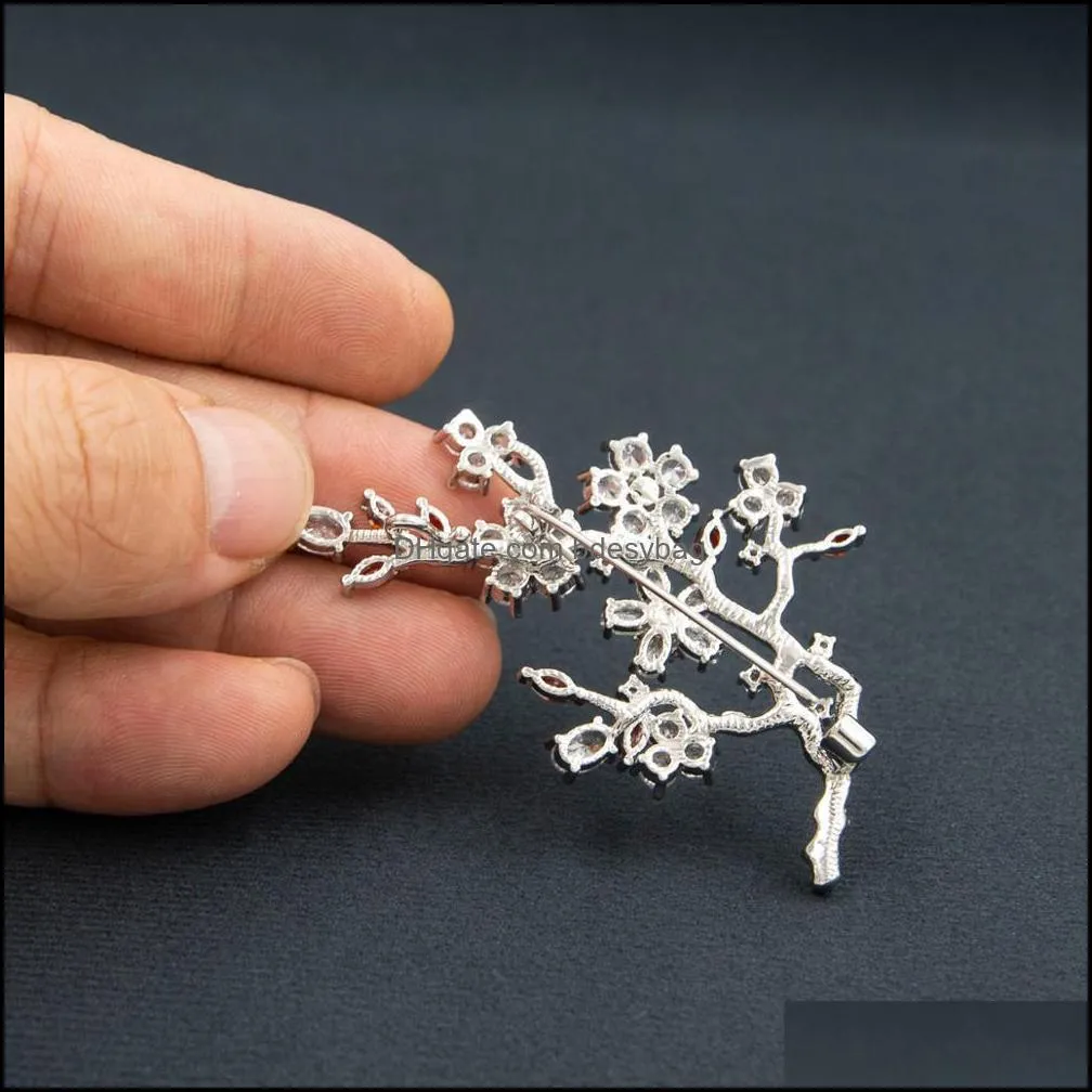 Elegant plum blossom flower cubic zirconia brooches pin lady scarf buckle wedding jewelry accessory for women