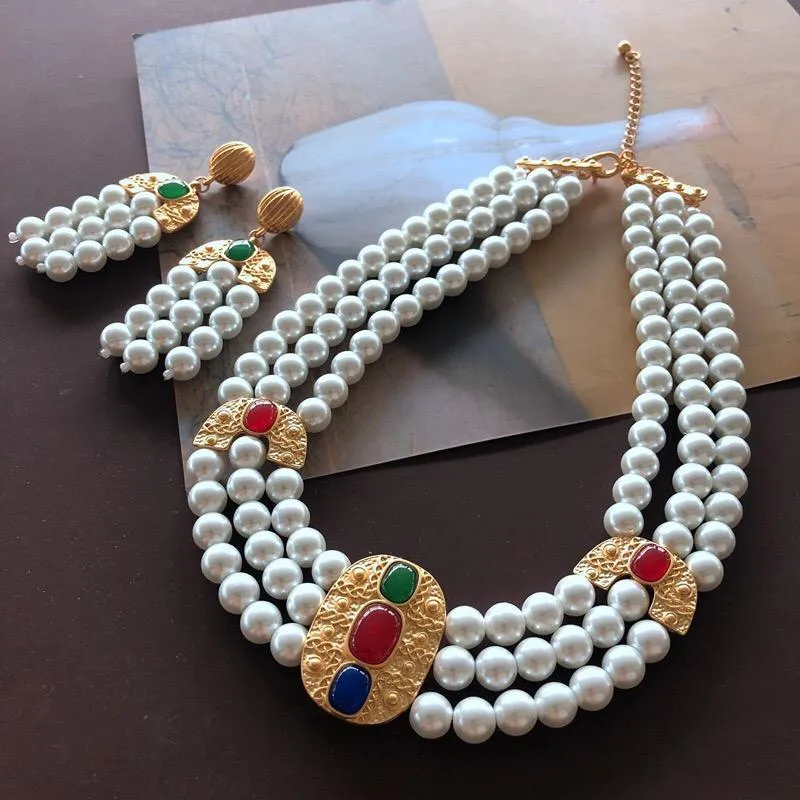 Örhängen halsband vintage pärla set lyxkvinnor färg pärla eet smycken kvinnor klänning bröllop