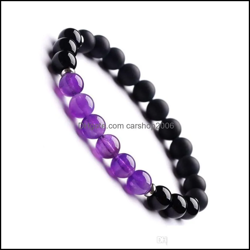 Natural stone bracelet 8mm amethyst frosted black agate mix stainless steel energy stone wrist jewelry
