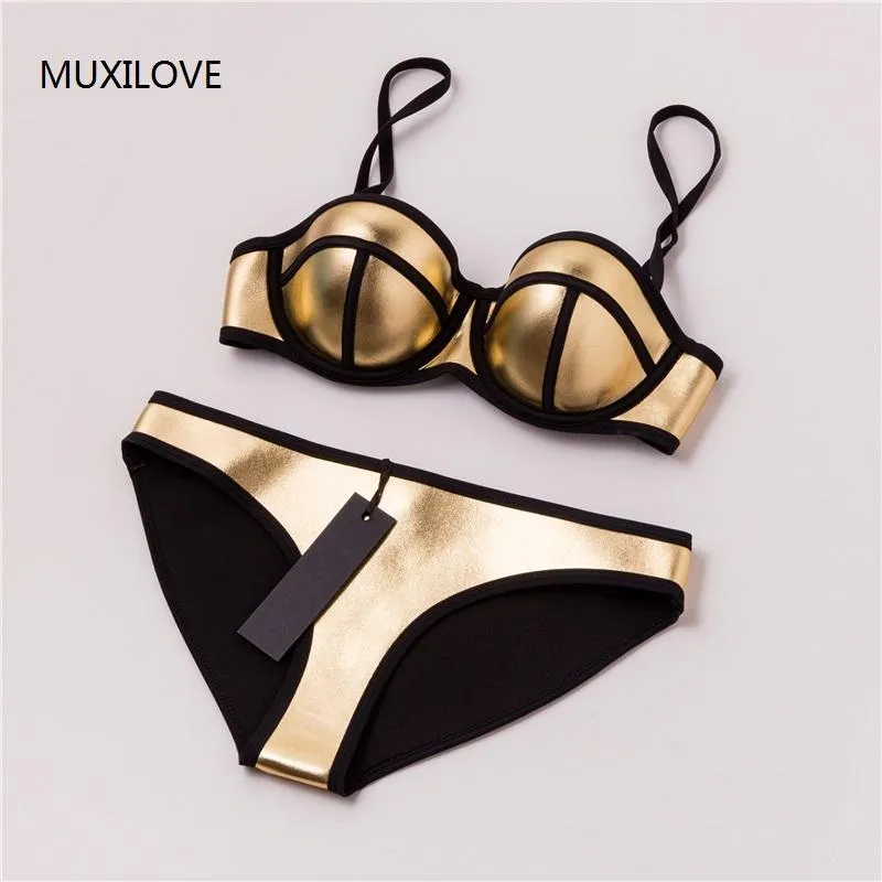 Muxilove 100% Neoprene Summer Padded Push Up Bikini Set Women Sexig baddräkt Badkläder Baddräkt Biquini Swim Gold Silver