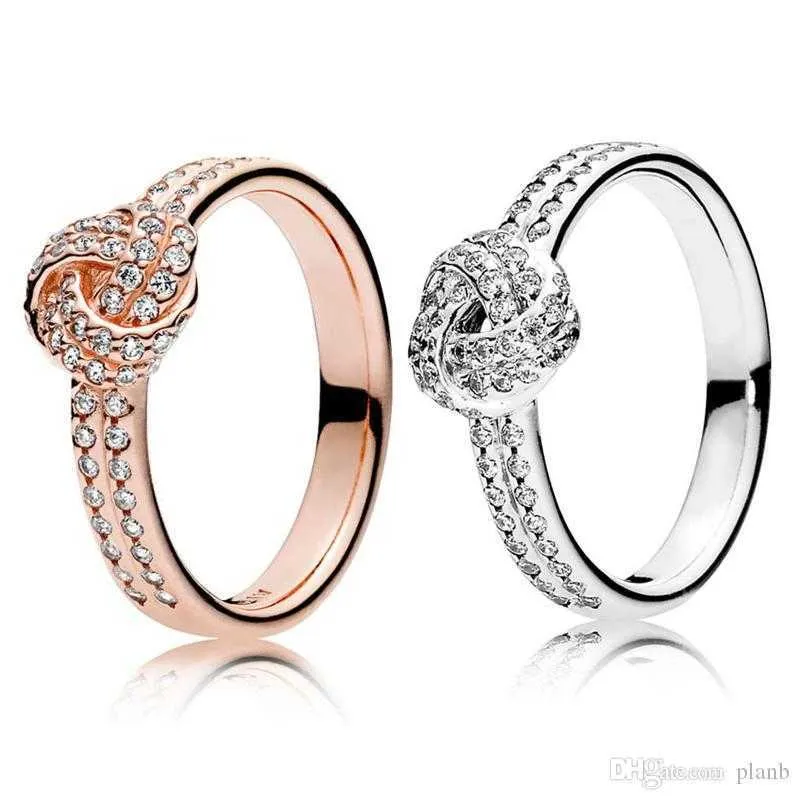 925 Sterling Silver Sparkling Love Knot Ring Set Original Box for Pandora grain Women Wedding CZ Diamond 18K Rose Gold Ring