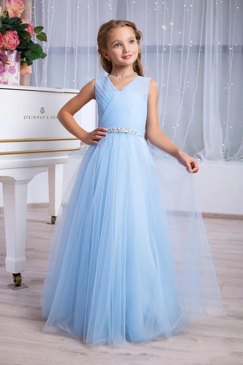 Vestidos menina luz céu azul cor-de-rosa rosa meninas formal evento vestido 2022 plissado v pescoço longo júnior vestidos de dama de honra flor