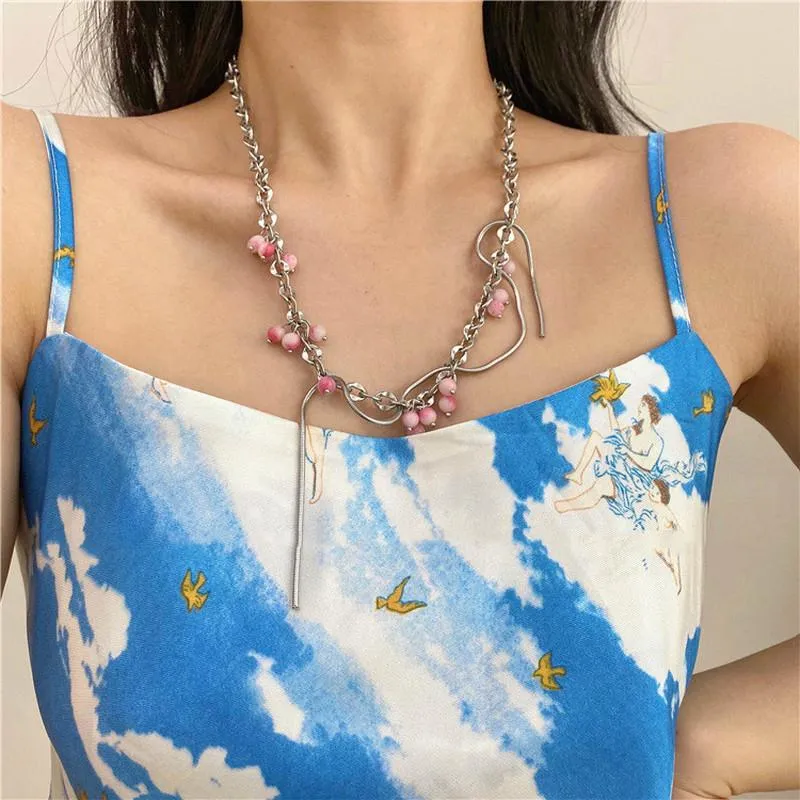 Pendentif colliers LOVOACC doux rose couleur pierres pour femmes argent grosse chaîne longue gland en acier inoxydable collier ras du cou cadeau