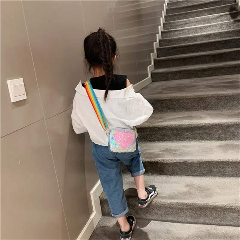 rainbow laser hearts handbag single-shoulder bag kids crossbody pack colorful outdoor sport pouch coin baby bag 1480 B3